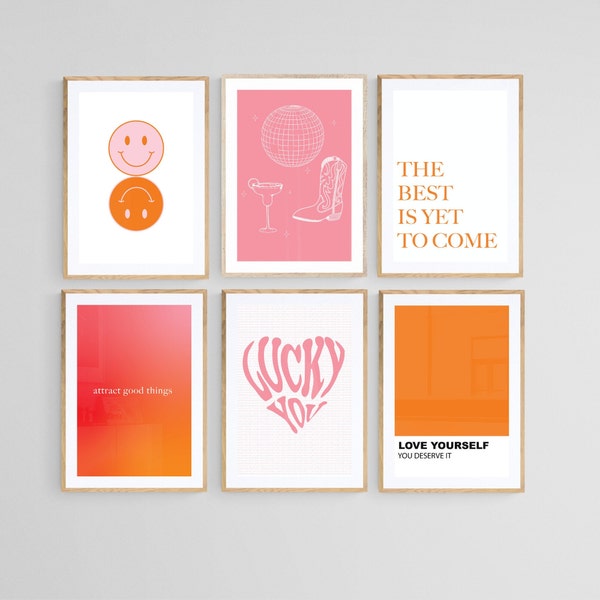 Pink & Orange Collage Wandkunst - Trendy 6 Stück Digitale Galerie Wand Set - Disco, Smiley, Lucky You, Love Yourself, Boot