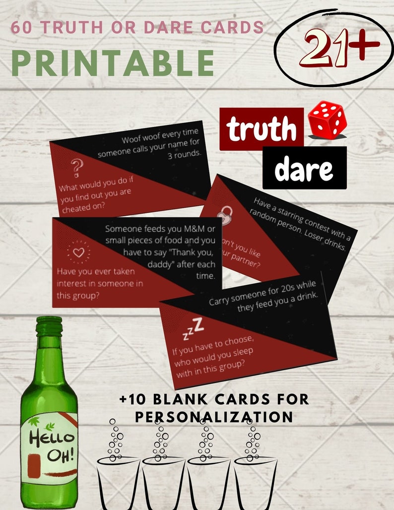 60 Adult TRUTH or DARE Questions / Digital Printing / Instant Download