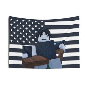 May include: A black and white American flag with a cartoon character sitting in a chair. The character is wearing a black shirt and has black hair. The character is holding a book in their hands.
