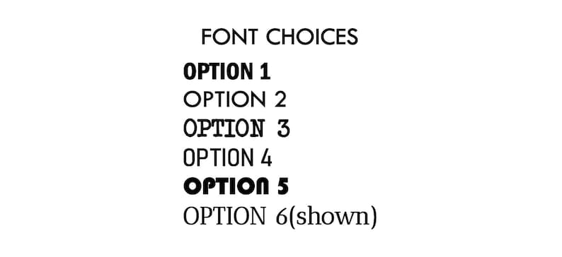 May include: A list of six font choices displayed in black text on a white background. The text reads FONT CHOICES followed by OPTION 1, OPTION 2, OPTION 3, OPTION 4, OPTION 5, and OPTION 6(shown), each presented in a distinct typeface style.