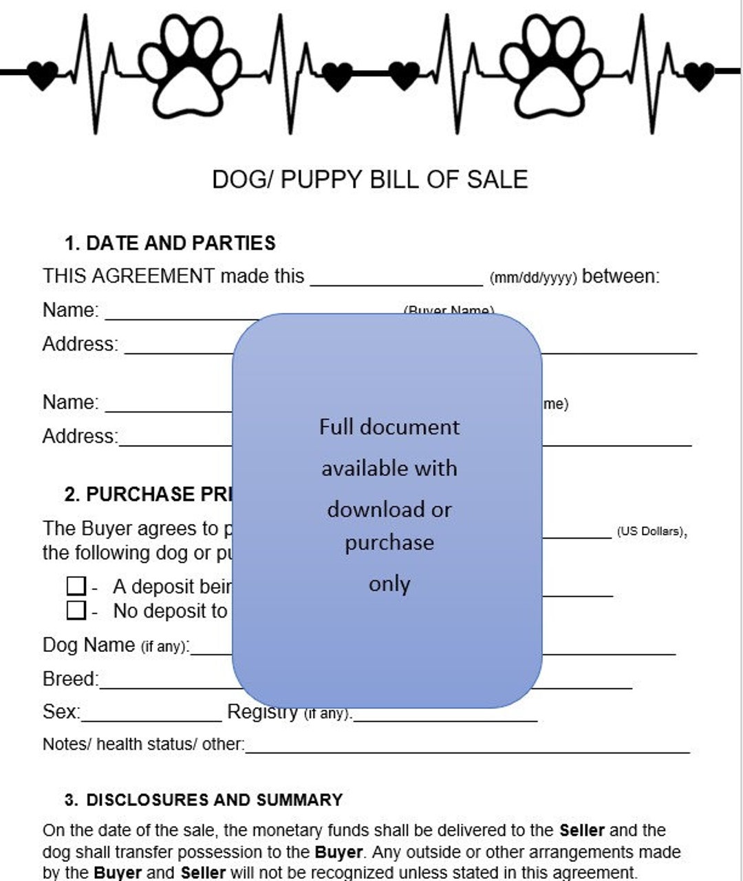 ON SALE Puppy Sale Receipt Breeder Proof of Purchase Contract Dog Kennel Etsy