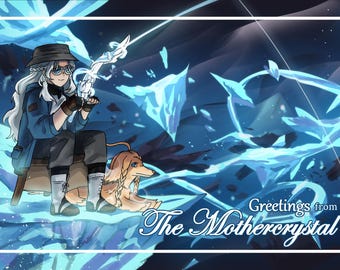 Pode incluir: Uma mulher com cabelo branco vestindo uma jaqueta azul e um chapéu está com um cachorro em uma paisagem nevada. O texto "Greetings from The Mothercrystal" está no canto inferior direito da imagem.