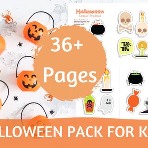 May include: A Halloween-themed printable pack for kids with 36+ pages. The image shows a variety of Halloween-themed illustrations, including pumpkins, ghosts, bats, and candy. The text "36+ Pages" is displayed in a large, orange circle.