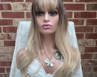 Long Dark Rooted Blonde Natural Wavy Ombré Wig With Bangs/ Natural Look Hair/ Heat Resistant Wig/ Fashion Wig