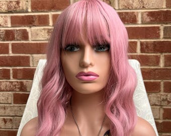 Shoulder Length Dusty Rose Pink Gradient Nature Wavy Ombré Wig With bangs for woman/ Natural Look Hair/ Heat Resistant Synthetic wig/ Gift