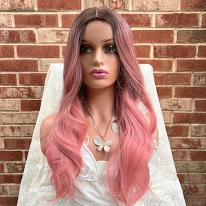 Long Dart Root Pink Wavy Ombré Wig/ Fashion Wig/ Nature Wavy Wig/ Heat Resistant Wig/ Cosplay Wig/ Party Wig/ Colorful wigs
