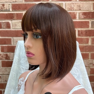 Short Dark Brown Mixed Natural Wave Ombré Bob Wig With Bangs for woman/ Synthetic wig/ Heat Resistant Wig/ Natural Look Hair/ Fashion wig