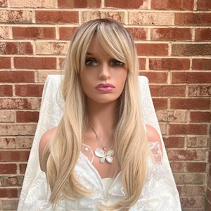 Lange donkergewortelde blonde pruik met zijscheiding, natuurlijke rechte ombré-pruik/haar met natuurlijke uitstraling/hittebestendige pruik/modepruik/gestileerde pruiken