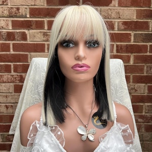 Black Short Straight Platinum Ear-Dyeing Bob Wig With Bangs/ Black Wig/ Two layers Wig/ Heat Resistant Wig/ wig with bangs/ Fashion Wig