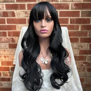 Long Jet Black Natural Wavy Wigs With Bangs/ Long Wig/ Heat Resistant  Wig/ Daily Wear Wig/ Natural Look Hair/ Styled Wig/ Christmas Wigs