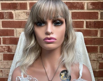 Shoulder length Dark Root Platinum Blonde Gradient Water Wavy Bob Ombre Wigs with Air bangs for Women/ Heat Resistant wig/ Styled