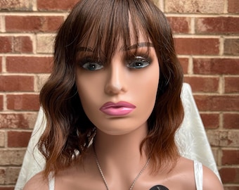 Short Brown Wavy Wig with Bangs for Women/ Heat resistance Wig/ Daily Wear wig/ colorful wig/ Fashion wig/ Party wig/ Cosplay Wig