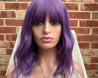 Short Purple Nature Wavy Ombré Wig With bangs for woman/ Natural Look Hair/ Shoulders Wigs/ Heat Resistant wig