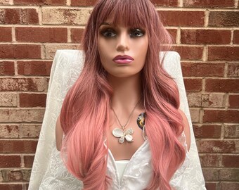 Long Dart Root Pink Wavy Ombré Wig With bangs/ Fashion Wig/ Natural Look Hair/ Heat Resistant Wig/ Cosplay Wig/ Party Wig