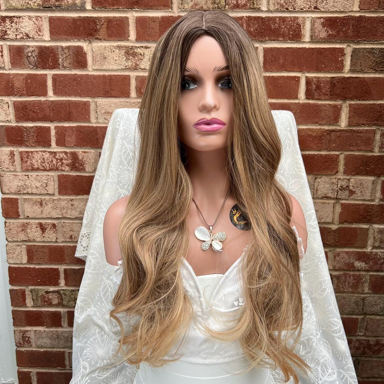 Long Brown with Highlights blonde Natural Wave Ombré Wig for woman/ Synthetic wig/ Heat Resistant Wig/ Natural Look Hair/ Fashion wig