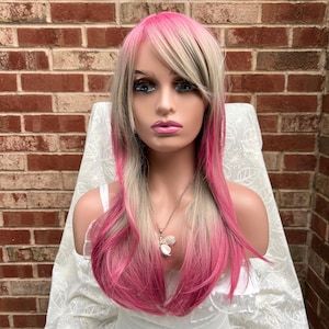 Blonde Pink Gradient Straight Long Wig With Bangs/Red and blonde wig / Synthetic Wig/ Party Wigs/ Halloween wig/ Christmas wig/ Costume wigs