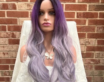 Long Ash Purple/gray Medium Split Natural Wavy Ombre Wigs/ Heat Resistant Wig/ Cosplay Wig/ Party Wig/ Colorful Wig/ Styled Wig