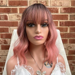 Shoulder Length Dusty Rose Pink Natural Wave Ombré Bob Wig With Air Bangs for woman/ Heat Resistant Wig/ Natural Look Hair/ Christmas