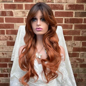 Long Copper Rust Ginger Orange Natural Wavy Wig with Bangs For Woman/ Heat Resistant Wig/ Styled Wig/ Natural look hair/ Party Wig