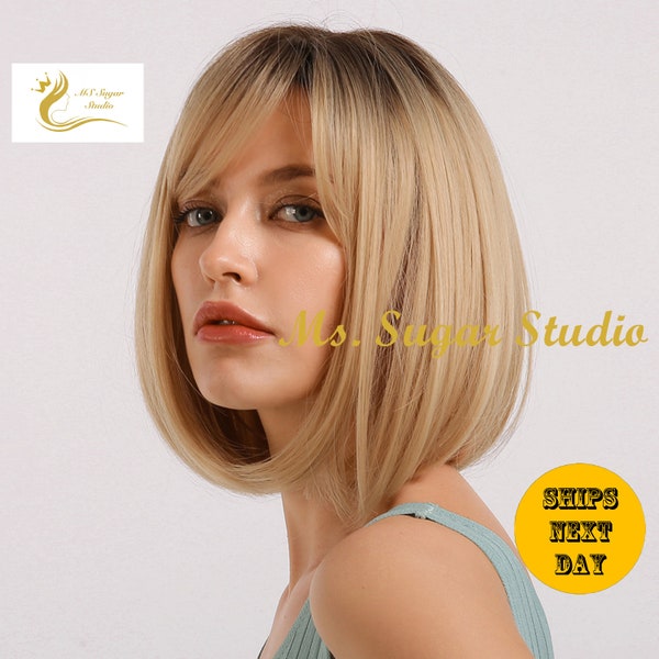 Short Blonde Bob Wig With Bangs/ Fashion Blonde Ombré Wig/ Short Straight Hair/ Heat Resistant Wig/ Cosplay Wig/ Party Wig/ Styled Wig