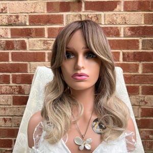 Medium Long Brown to Blonde Natural wavy Ombre Wig With Bangs/ Natural Looking Hair/Heat Resistant Wig/ Daily Wear Wig