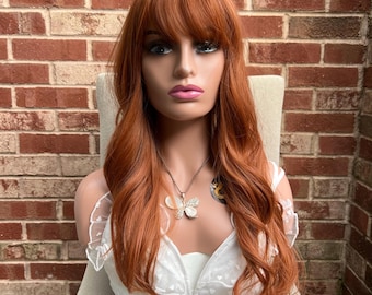Long Copper Rust Brown Natural Wavy Ombré Wig with Bang/ Heat Resistant Wig/ Daily Wear Wig/ Party Wig/ Styled Wig/ Christmas Gift