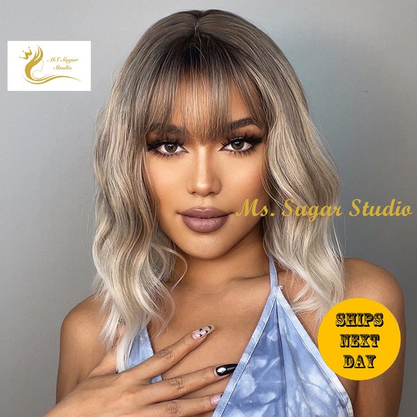 Shoulder length Dark Root Platinum Blonde Gradient Water Wavy Bob Ombre Wigs with Air bangs for Women/ Heat Resistant Synthetic wig/ Styled