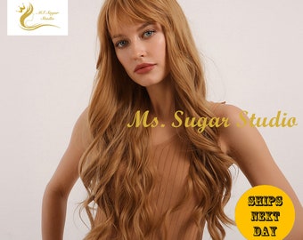 Long Ginger Strawberry Blonde Natural Wavy layered Wig with Bangs For Woman/ Heat Resistant Synthetic Wig/ Styled Wig/ Natural look hairs