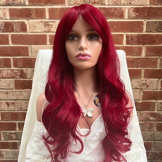 Long Burgundy Red Natural Wavy Wig With Bangs for Woman  display picture 2