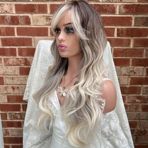 25 Inches Dark Root Gradient Blonde Natural Wavy Ombré Wig  display picture 2