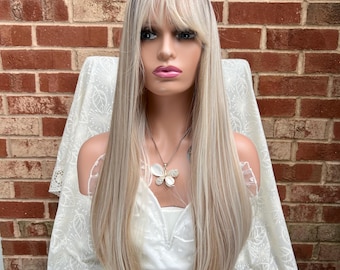 Long Silver Platinum Natural Straight Ombré Wig with Bang/ Heat Resistant Wig/ Daily Wear Wig/ Party Wig/ Styled Wig/ Hair/ Gift