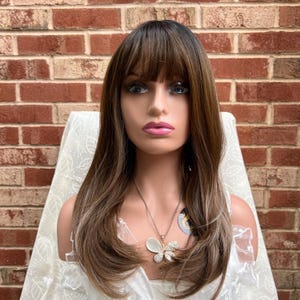 Long Straight Chocolate Brown with Blonde Highlights Layered Wig with Bangs/ Natural Look Wig/ Ombré Wig/ Heat Resistant Wig/ Daily Wear Wig
