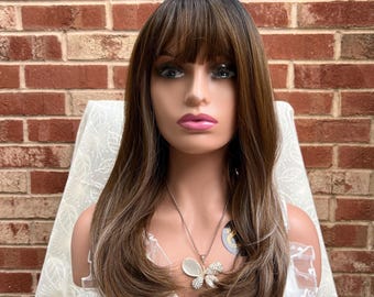Long Straight Chocolate Brown with Blonde Highlights Layered Wig with Bangs/ Natural Look Wig/ Ombré Wig/ Heat Resistant Wig/ Daily Wear Wig