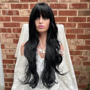 28 Inches Jet Black Natural Wavy Wigs With Bangs/ Natural Look Hair/ Long Wig/ Synthetic Wig/ Daily Wear Wig/ Heat Resistant Wig/ Styled Wig