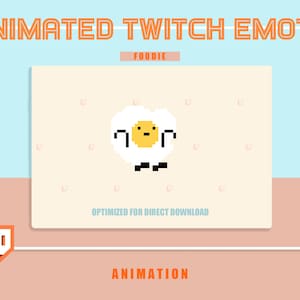May include: Animated Twitch emote of a pixelated cartoon egg with a yolk face, on a light beige background with white dots. The text "FOODIE" is above the egg and "ANIMATION" is below the egg.