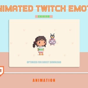Puede incluir: Gráfico de emote animado de Twitch con una niña pixelada y una pequeña criatura. El texto "ANIMATED TWITCH EMOTE" está en la parte superior y "OPTIMIZED FOR DIRECT DOWNLOAD" en la inferior. El fondo es melocotón claro y azul.