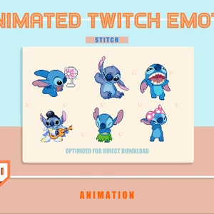 May include: Animated Twitch emote featuring Stitch from Lilo & Stitch. The blue alien is shown in six different poses, including playing a ukulele, holding a fan, and dancing. The text "STITCH" and "ANIMATION" are also visible.