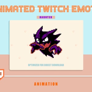 Puede incluir: Emoticono animado de Twitch de Haunter, un Pokémon morado y negro con una expresión amenazante, en estilo pixelado. El emoticono está optimizado para descarga directa.