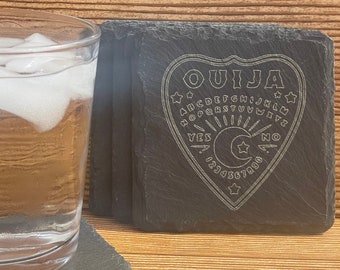 Ouija Board Slate Coasters - Set of 4 Slate Coasters - Engraved Coasters - Great Gift - Spirit Board - Planchette - Spooky Gift - Boo Basket