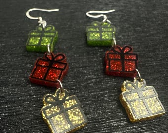 Glitter Christmas Presents Earrings - Quirky Earrings for Holiday Parties or Gift Exchanges