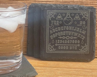 Ouija Board Slate Coasters - Set of 4 Slate Coasters - Engraved Coasters - Great Gift - Spirit Board - Planchette - Spooky Gift - Boo Basket