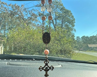 Glass Rear View Mirror Car Rosary Beads - Bronze Cross Pendant - Car Protection Beads - Made with Plated Glass Beads