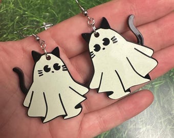 Glow in the Dark Ghost Cat Earrings - Spooky Cute Halloween Jewelry - Quirky Earrings - Acrylic Earrings - Fun Cat Earrings