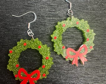 Glittery Christmas Wreath Earrings - Quirky Earrings for Holiday Parties or Teacher Gifts