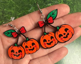 Retro Halloween Inspired Earrings - Retro Pumpkin Earrings - Cherry Earrings - Quirky Earrings - Retro Jack-O-Lantern Design Jewelry
