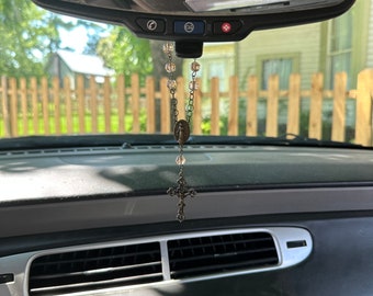 Rear View Mirror Car Rosary Beads - Bronze Cross Pendant - Car Protection Beads - New Glass Bead Colors!