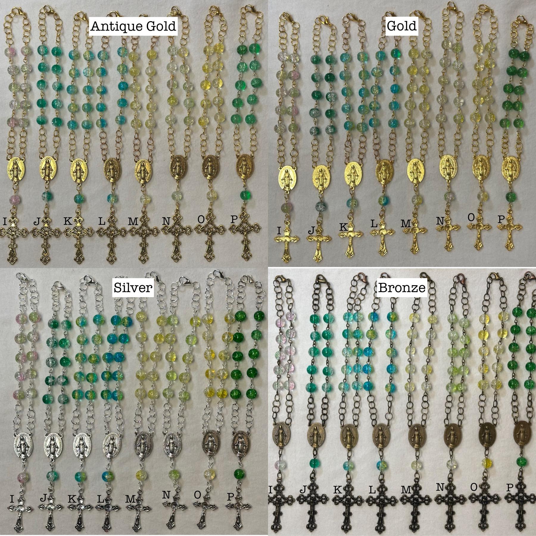 Rear View Mirror Car Rosary Beads - Antique Gold Cross Pendant - Car Protection Beads - New Glass Bead Colors!