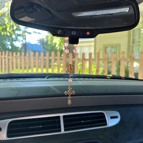Rear View Mirror Car Rosary Beads - Antique Gold Cross Pendant - Car Protection Beads - New Glass Bead Colors!