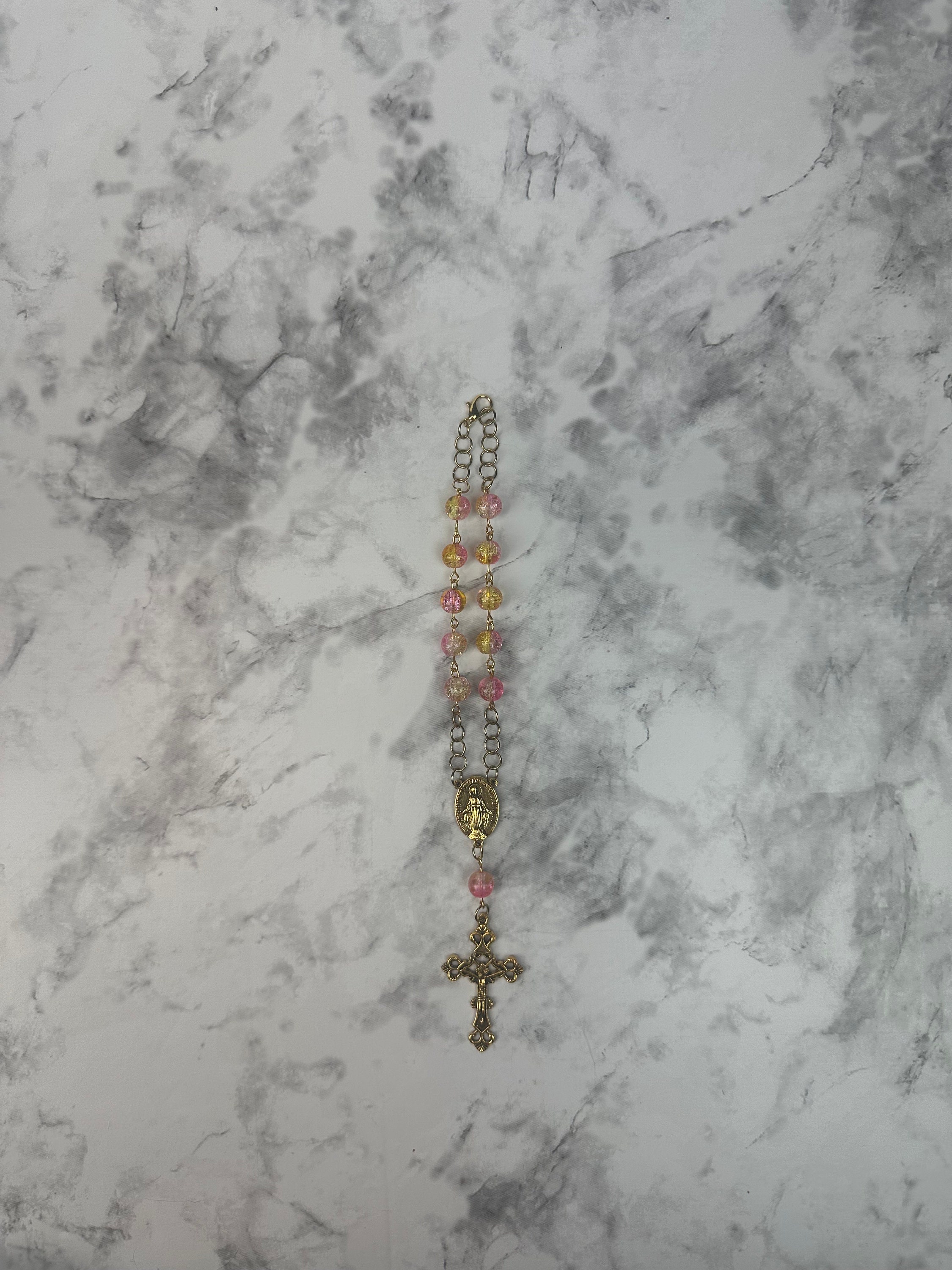Rear View Mirror Car Rosary Beads - Antique Gold Cross Pendant - Car Protection Beads - New Glass Bead Colors!