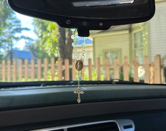 Rear View Mirror Car Rosary Beads - Gold Cross Pendant - Car Protection Beads - New Glass Bead Colors!